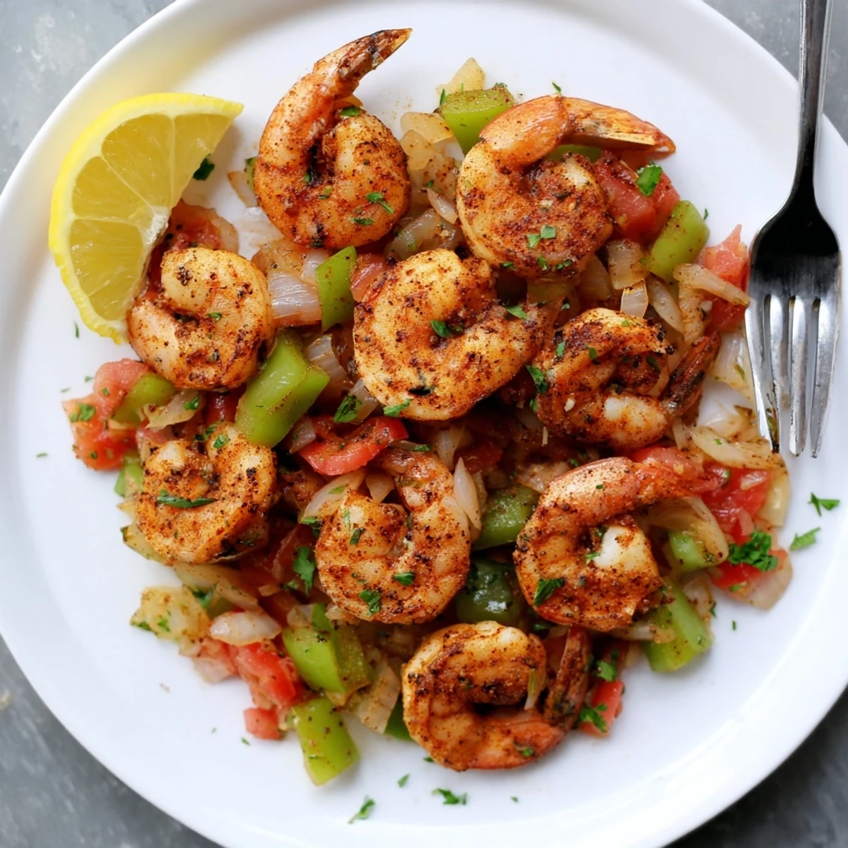 Bubba Gump Shrimp New Orleans sizzling in a skillet with colorful peppers and onions.  