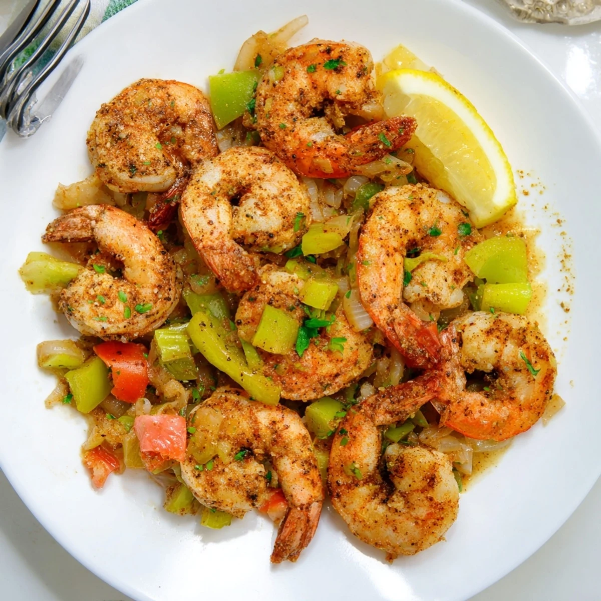 A vibrant plate of Bubba Gump Shrimp New Orleans served over fluffy white rice.  