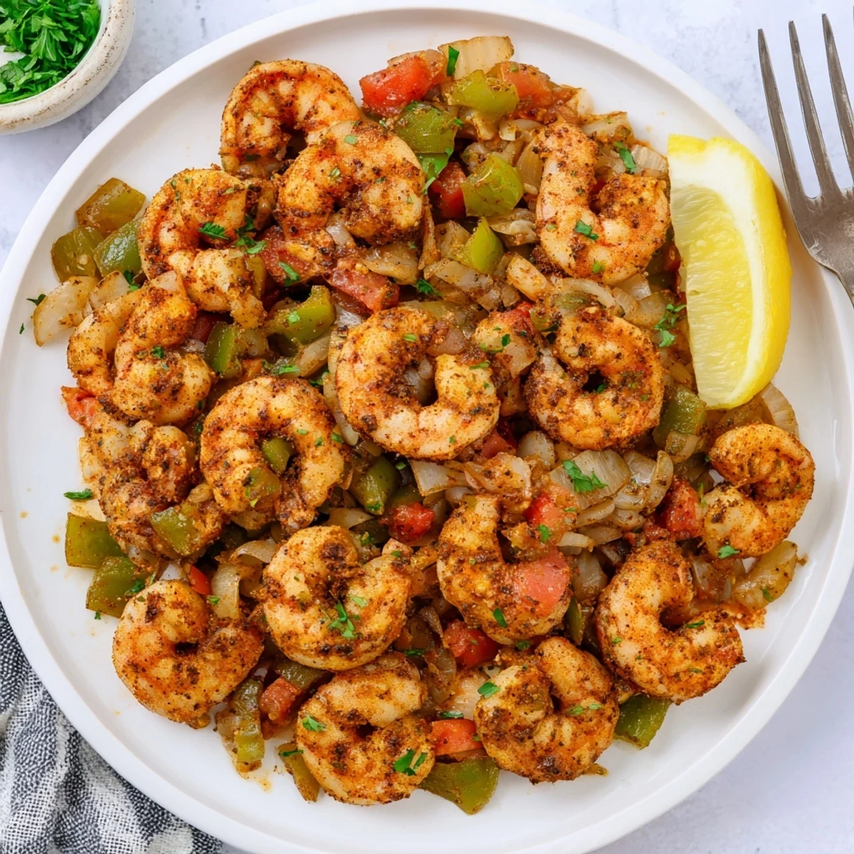 Succulent Bubba Gump Shrimp New Orleans garnished with fresh parsley and bright lemon wedges.