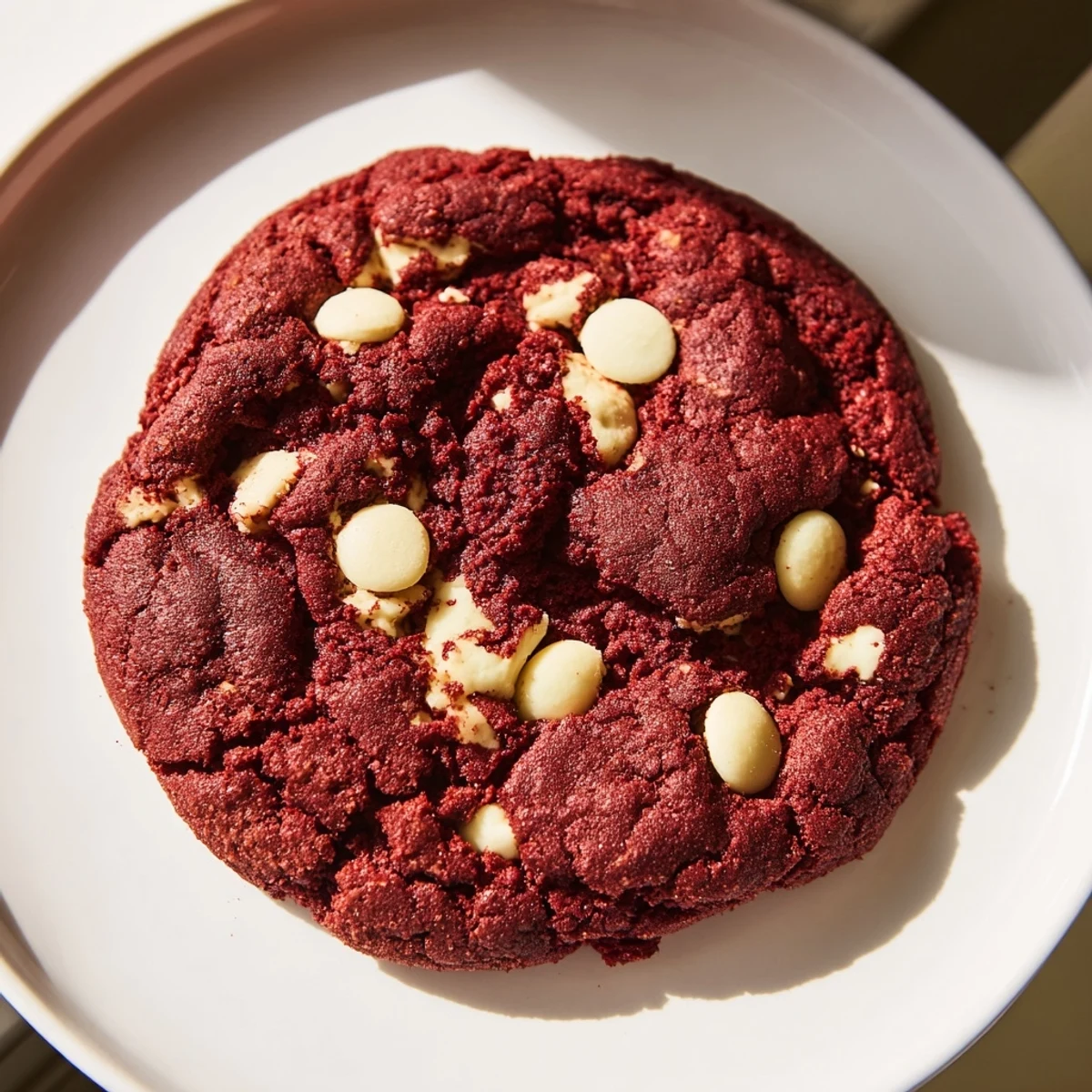 Freshly baked Red Velvet Cookies with white chocolate chips on a cooling rack.