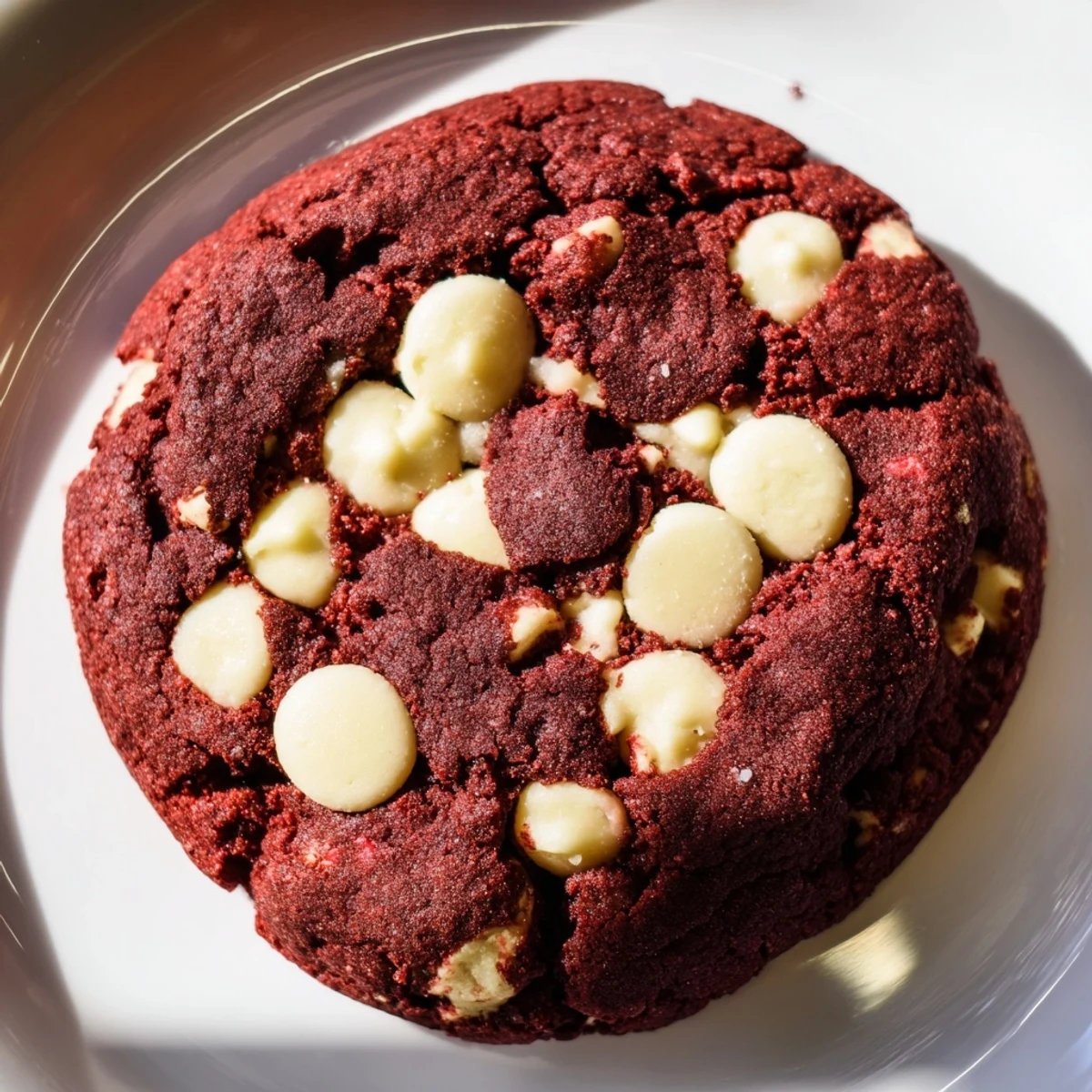 Soft Red Velvet Cookies with creamy white chocolate chips on a parchment-lined tray.
