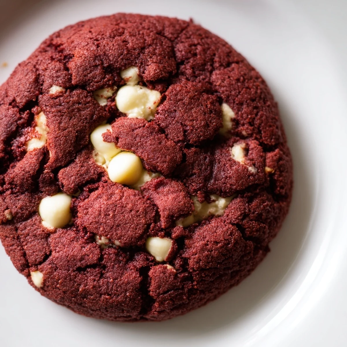 Decadent Red Velvet Cookies studded with white chocolate chips, ready to enjoy.