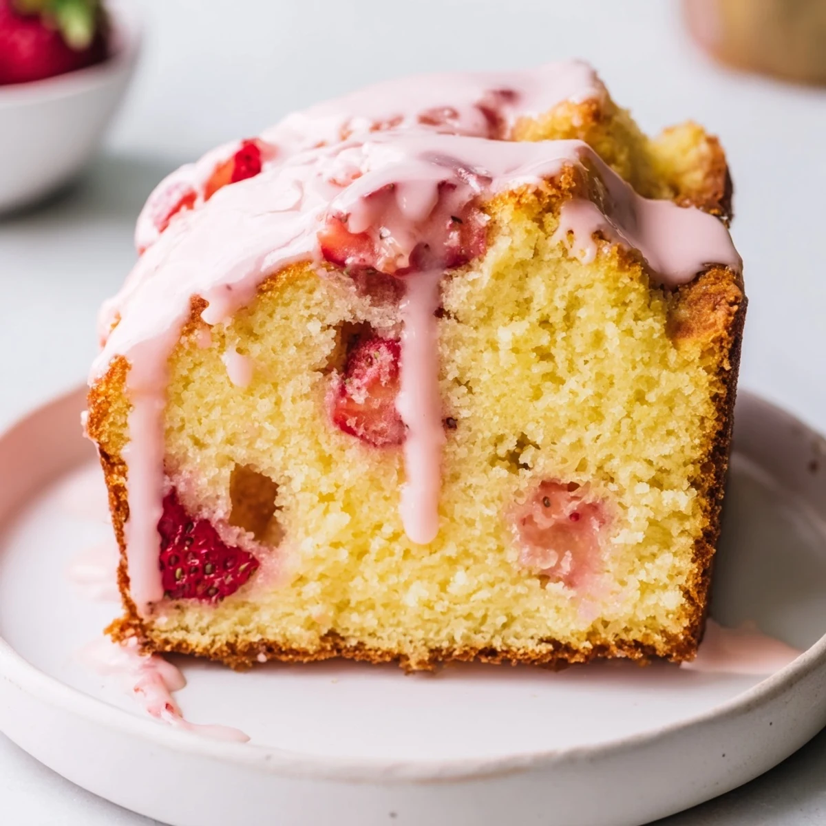 A slice of Strawberry Milkshake Pound Cake with creamy glaze and fresh strawberry garnish on a plate.