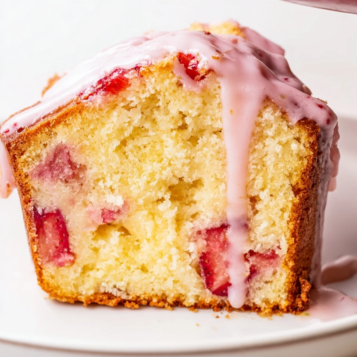 Freshly baked Strawberry Milkshake Pound Cake with tender crumb and strawberry glaze drizzle for dessert.
