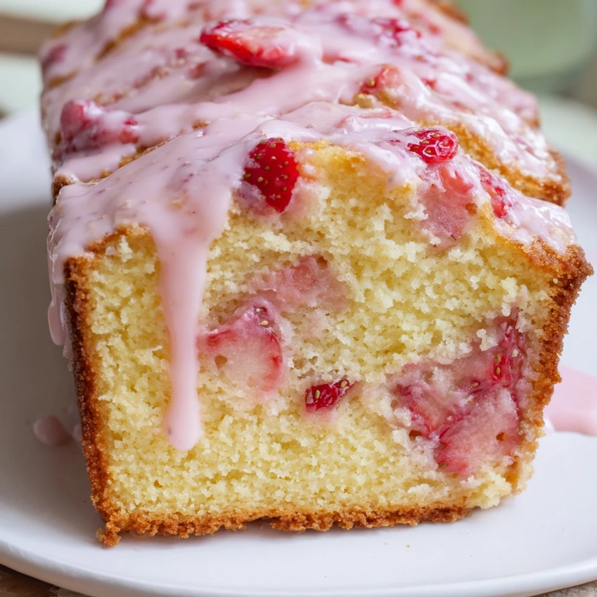 Glazed Strawberry Milkshake Pound Cake cooling on a wire rack next to a glass of milk.