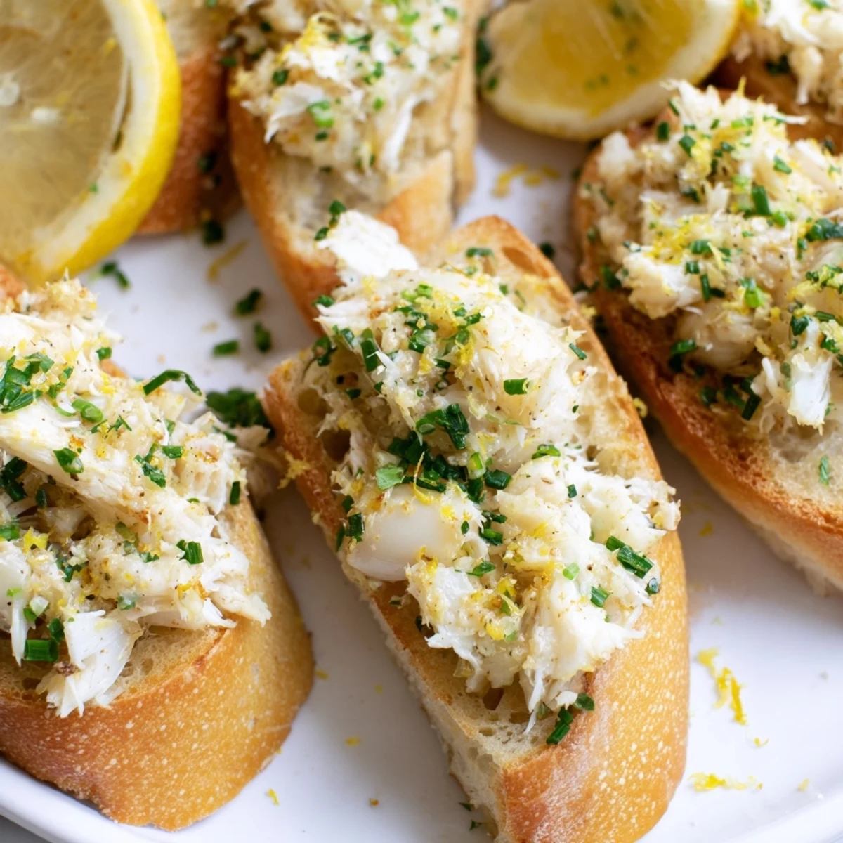 Warm, golden Garlic Butter Crab Toasts glistening with buttery crab and fresh herbs on a plate.