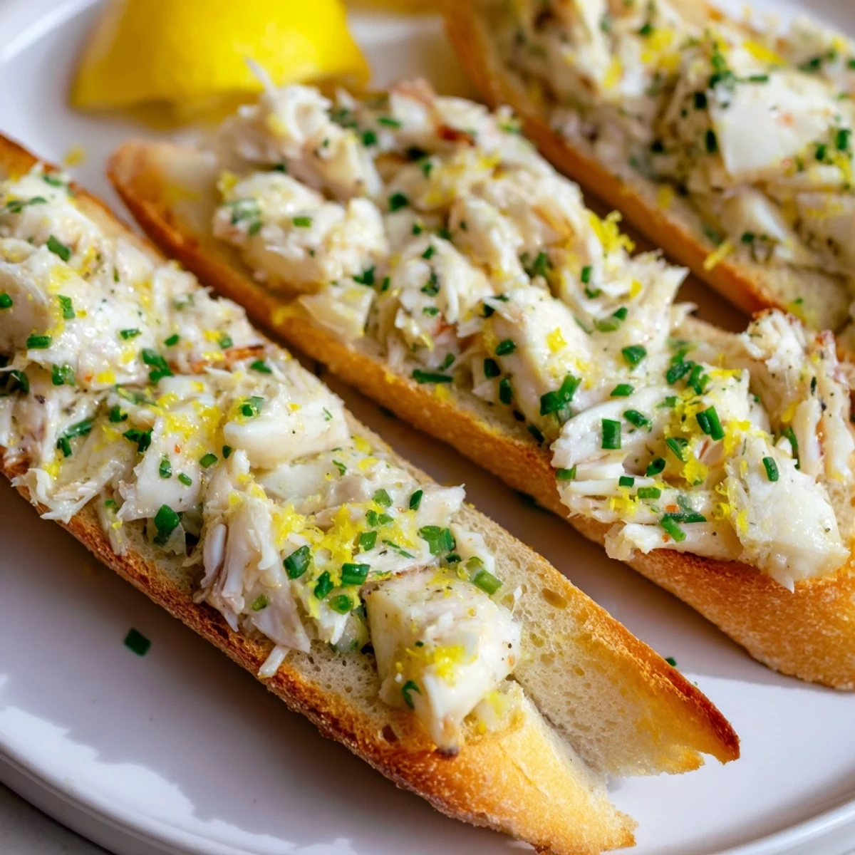A close-up of Garlic Butter Crab Toasts showing succulent crab meat and crispy baguette slices.