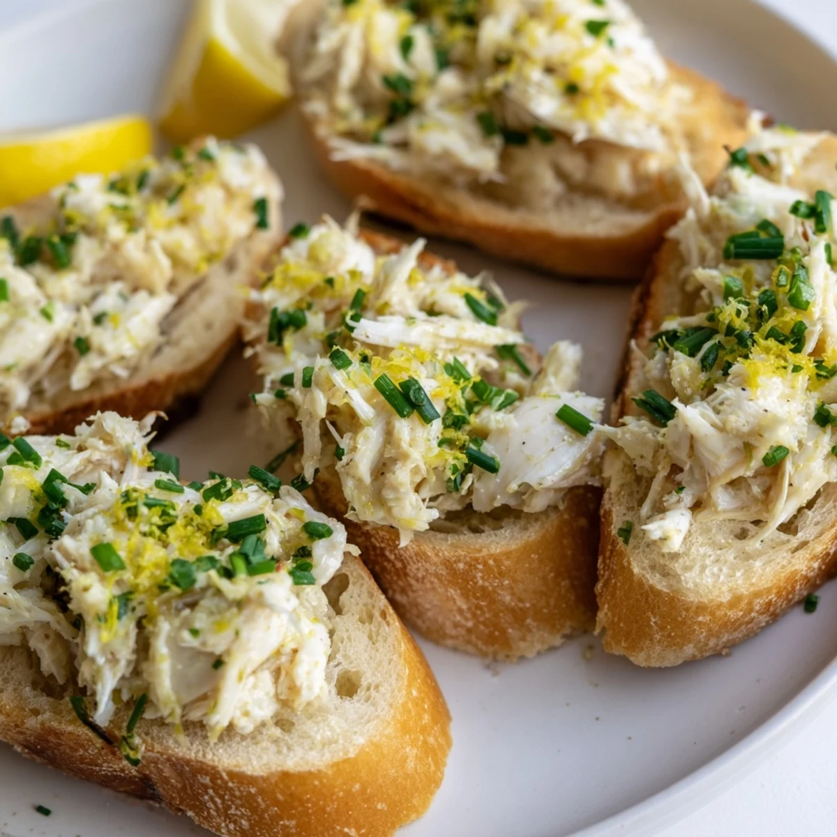 Savory Garlic Butter Crab Toasts served with lemon wedges, perfect for an elegant appetizer.