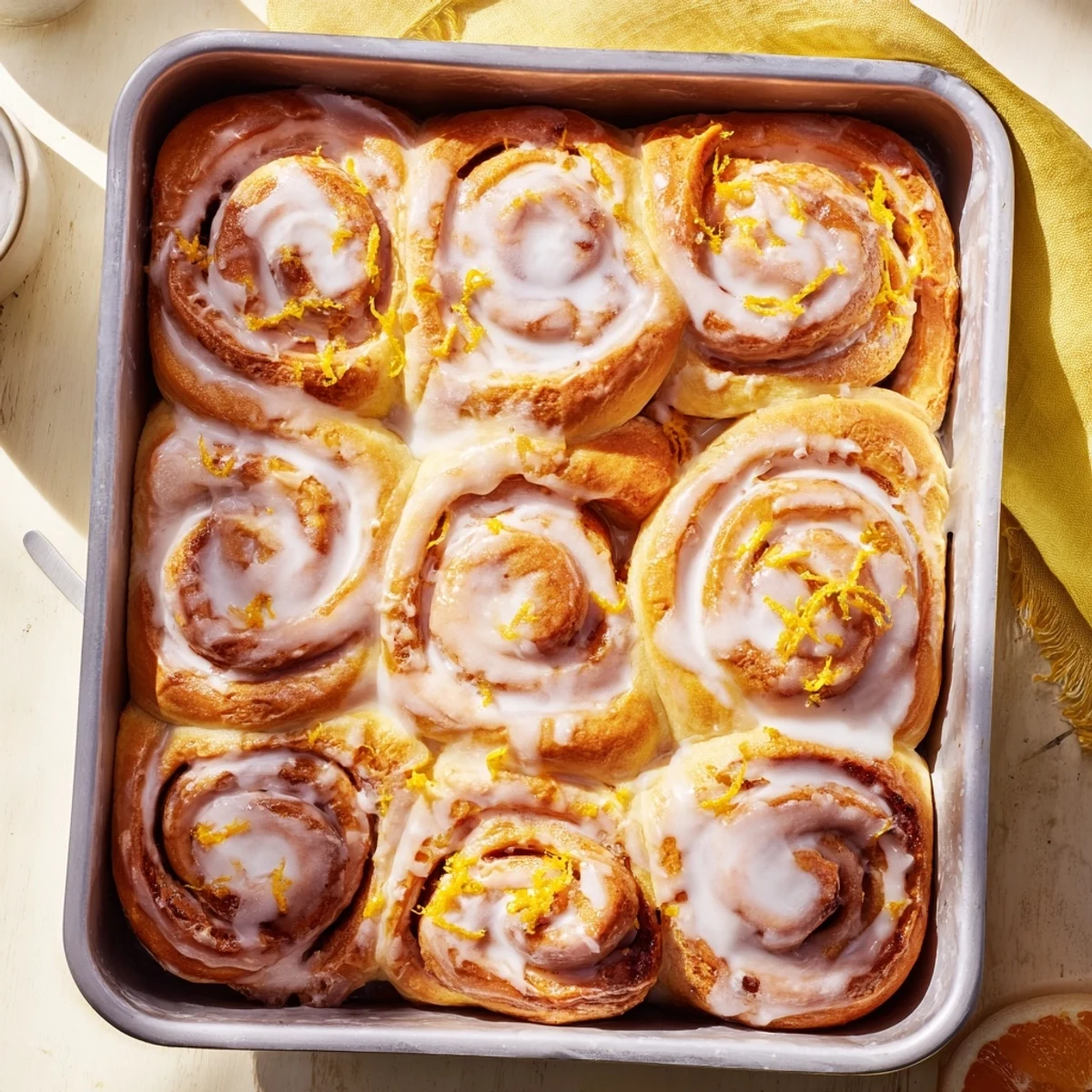 Golden-brown Homemade Glazed Orange Rolls fresh from the oven, drizzled with citrus glaze.