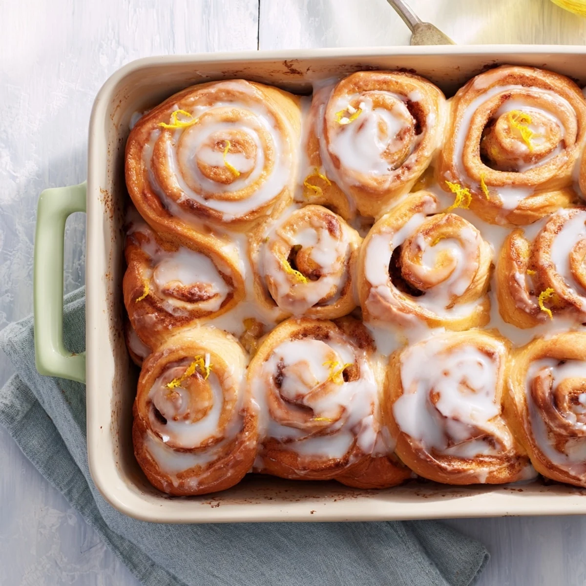 Homemade Glazed Orange Rolls with soft swirls and a sweet orange scent on a breakfast table.
