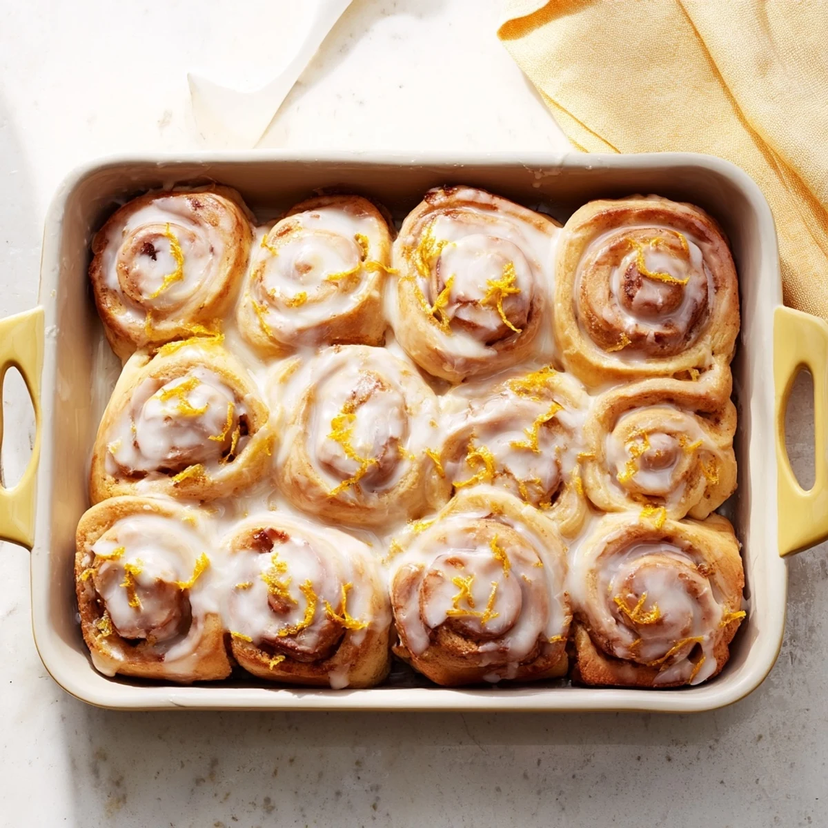 Warm Homemade Glazed Orange Rolls on a plate, ready for brunch with coffee or tea.
