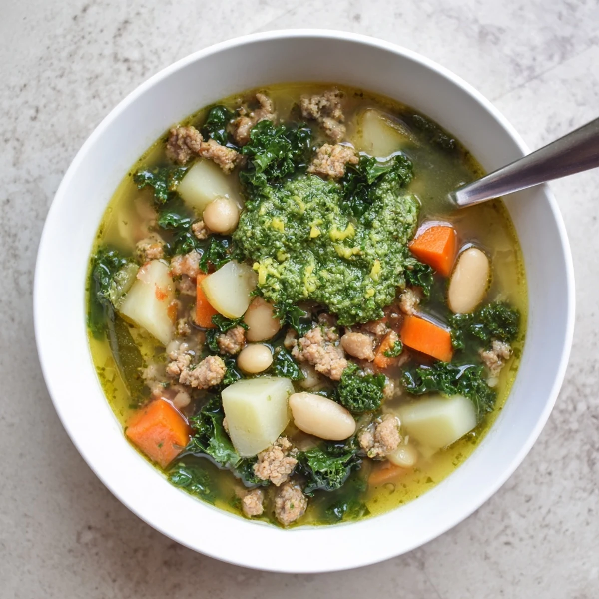 A vibrant bowl of Zuppa Toscana with Basil Pesto Lemon Broth, featuring tender potatoes and kale in a bright green broth.