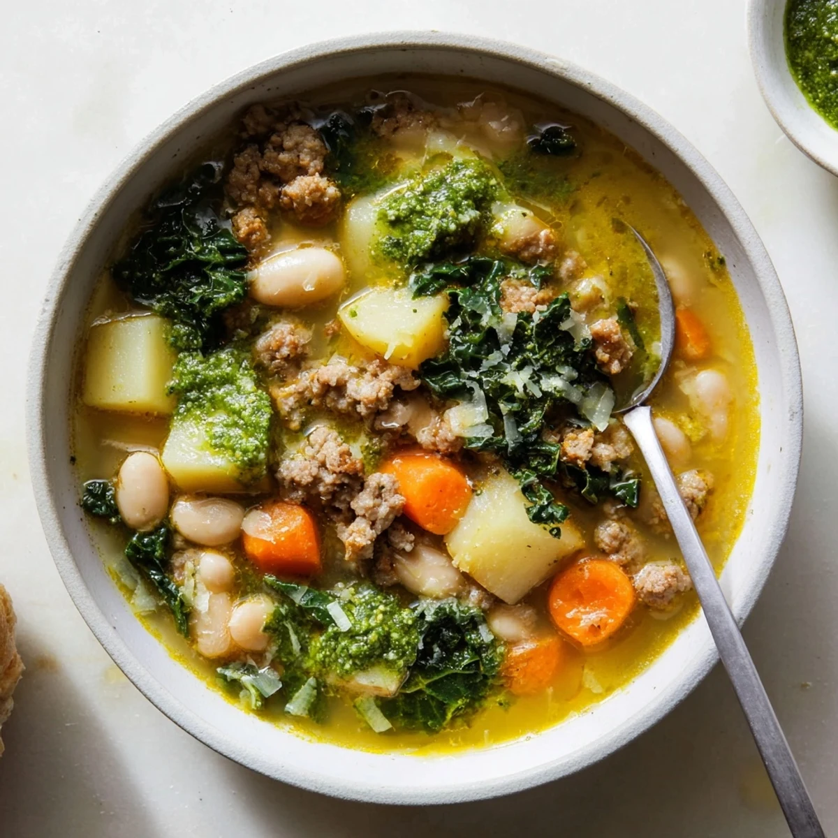Hearty Zuppa Toscana with Basil Pesto Lemon Broth served steaming in a rustic bowl with sausage and cannellini beans.