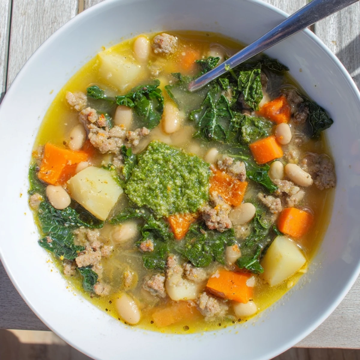 Close-up of Zuppa Toscana with Basil Pesto Lemon Broth, highlighting kale, creamy beans, and a drizzle of pesto on top.