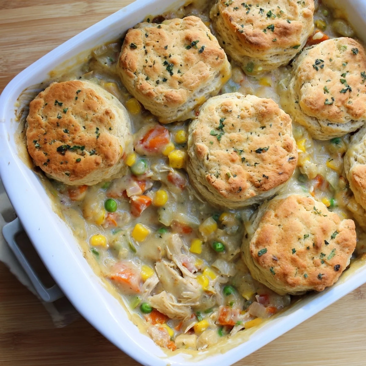 A slice of Red Lobster Biscuit Chicken Pot Pie on a plate, revealing rich gravy and a golden biscuit crust.