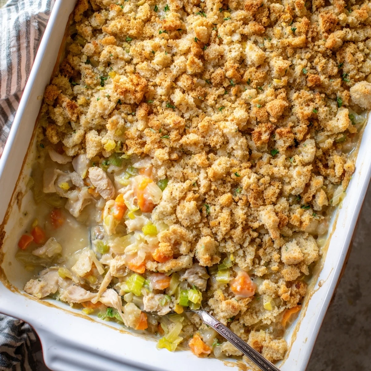 Golden-brown Dollys Chicken Stuffing Casserole bubbling in a 9x13-inch baking dish, served family-style with a simple green salad.