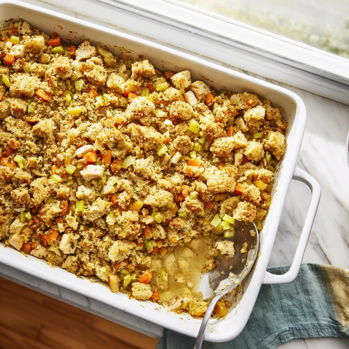 Savory Dollys Chicken Stuffing Casserole features creamy chicken, vegetables, and herb-seasoned stuffing baked to crispy perfection in a casserole dish.