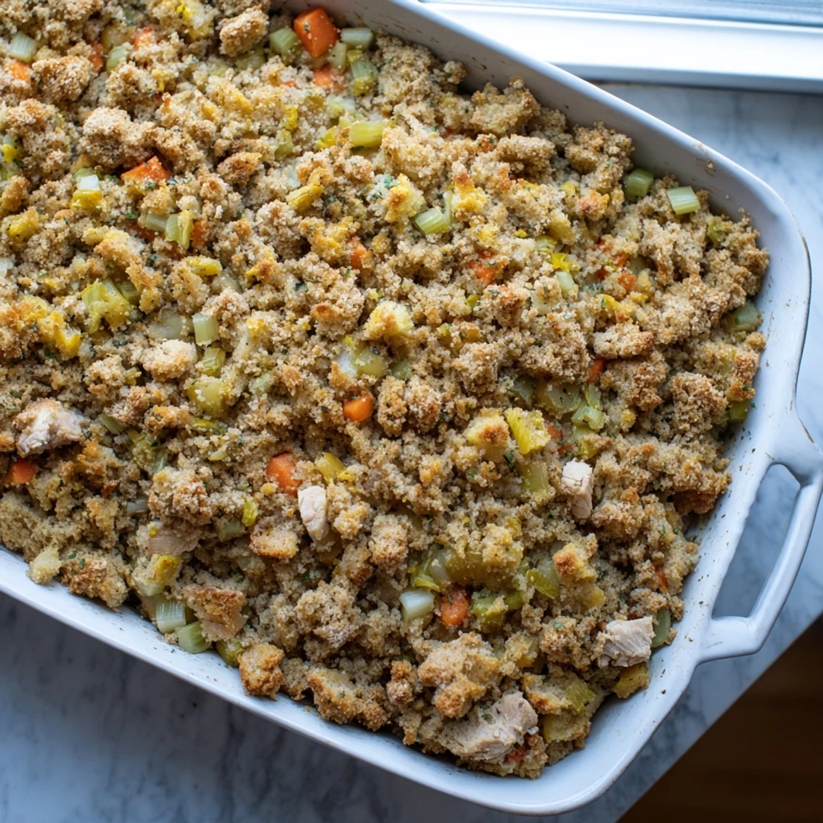 A close-up of Dollys Chicken Stuffing Casserole reveals tender chicken and veggies in a creamy sauce, topped with buttery golden stuffing.