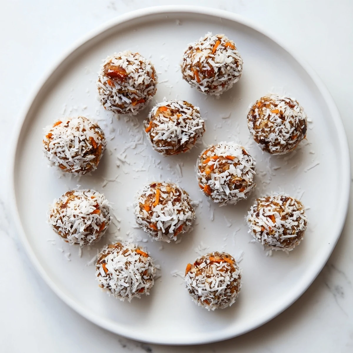 A close-up of homemade no bake carrot cake bites rolled in shredded coconut on a rustic plate.