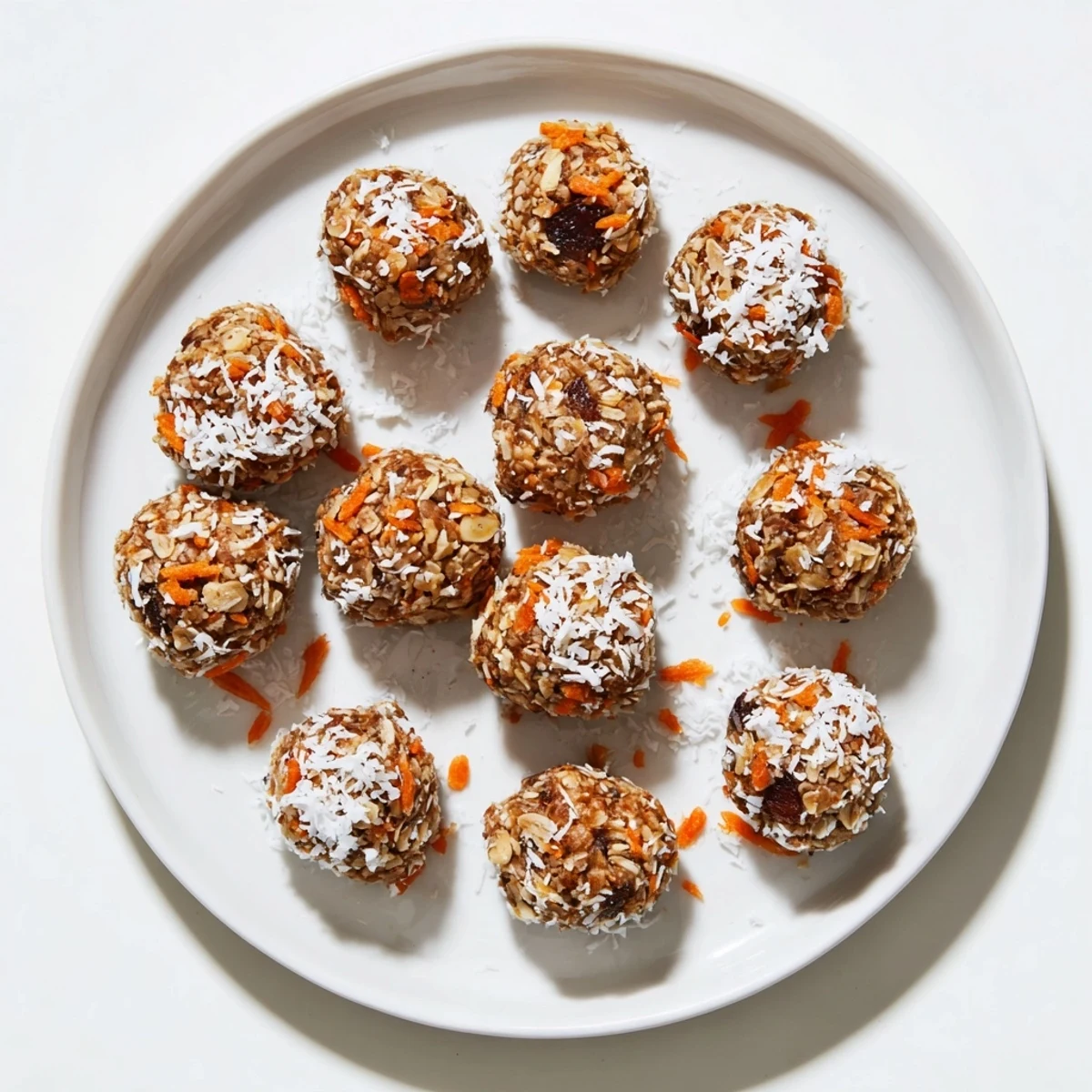 A plate of gluten-free no bake carrot cake bites surrounded by fresh carrots, dates, and a steaming mug.