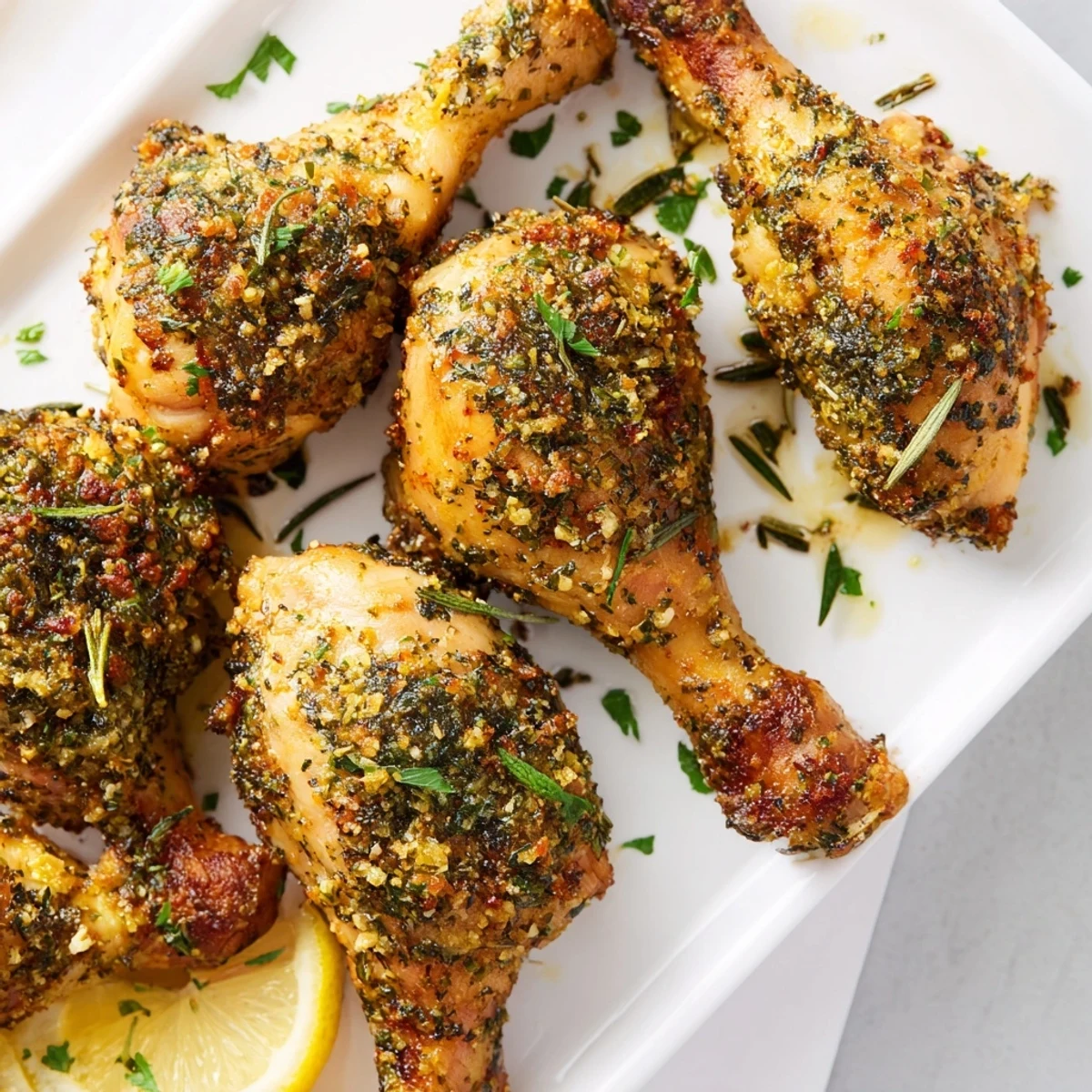 Freshly roasted Herb Roasted Chicken Drumsticks with crispy golden skin and fragrant herbs on a baking sheet.