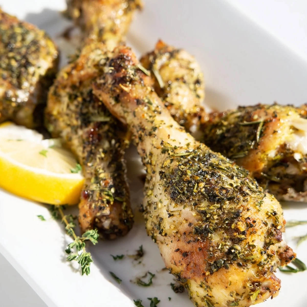 Succulent Herb Roasted Chicken Drumsticks garnished with parsley and lemon wedges ready to serve at dinner.