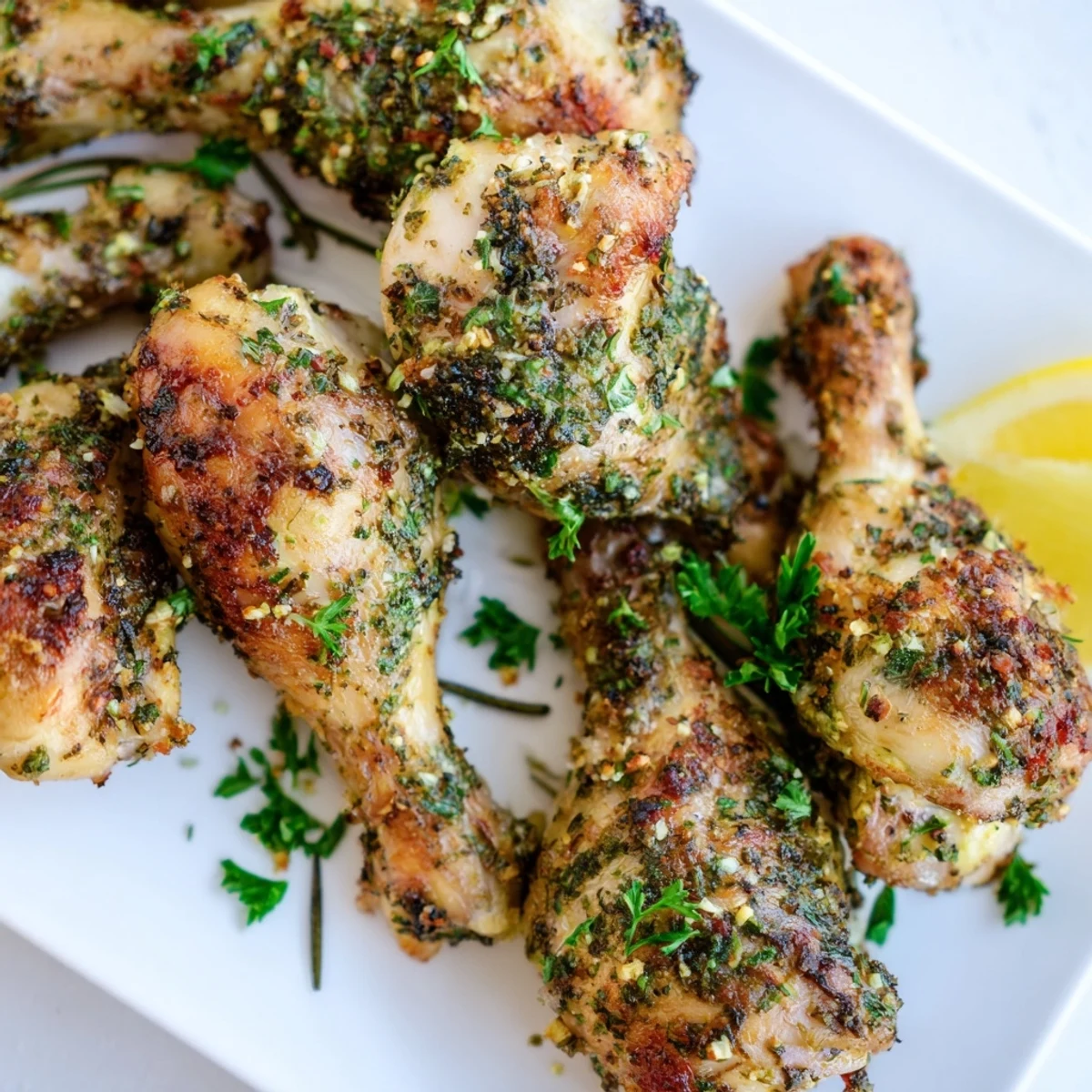 A close-up of Herb Roasted Chicken Drumsticks with herbs and garlic showing tender meat and aromatic flavors.
