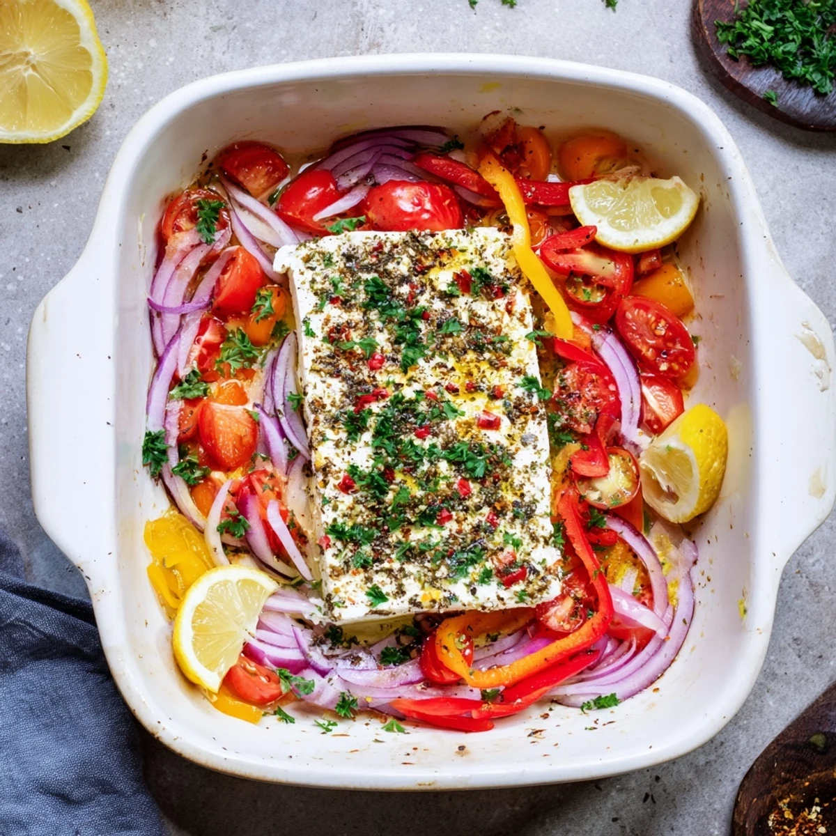Creamy feta block surrounded by roasted tomatoes and peppers in a Spicy Baked Feta appetizer, glistening with olive oil and herbs.