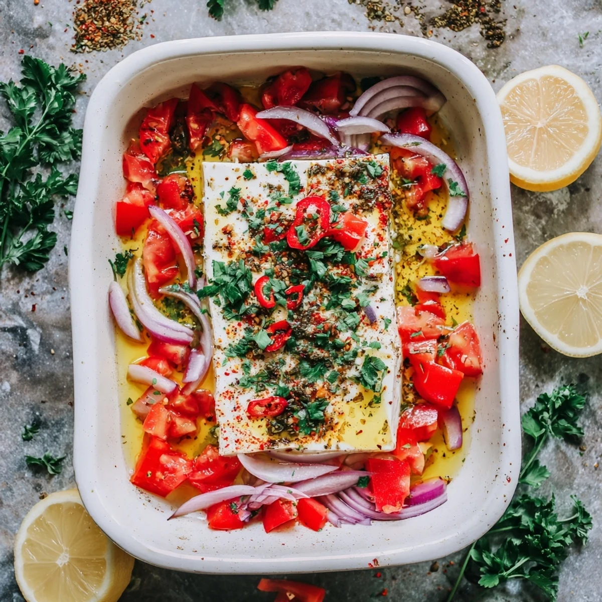 This Spicy Baked Feta features golden, bubbly cheese edges next to tender red peppers and onions on a rustic baking dish.