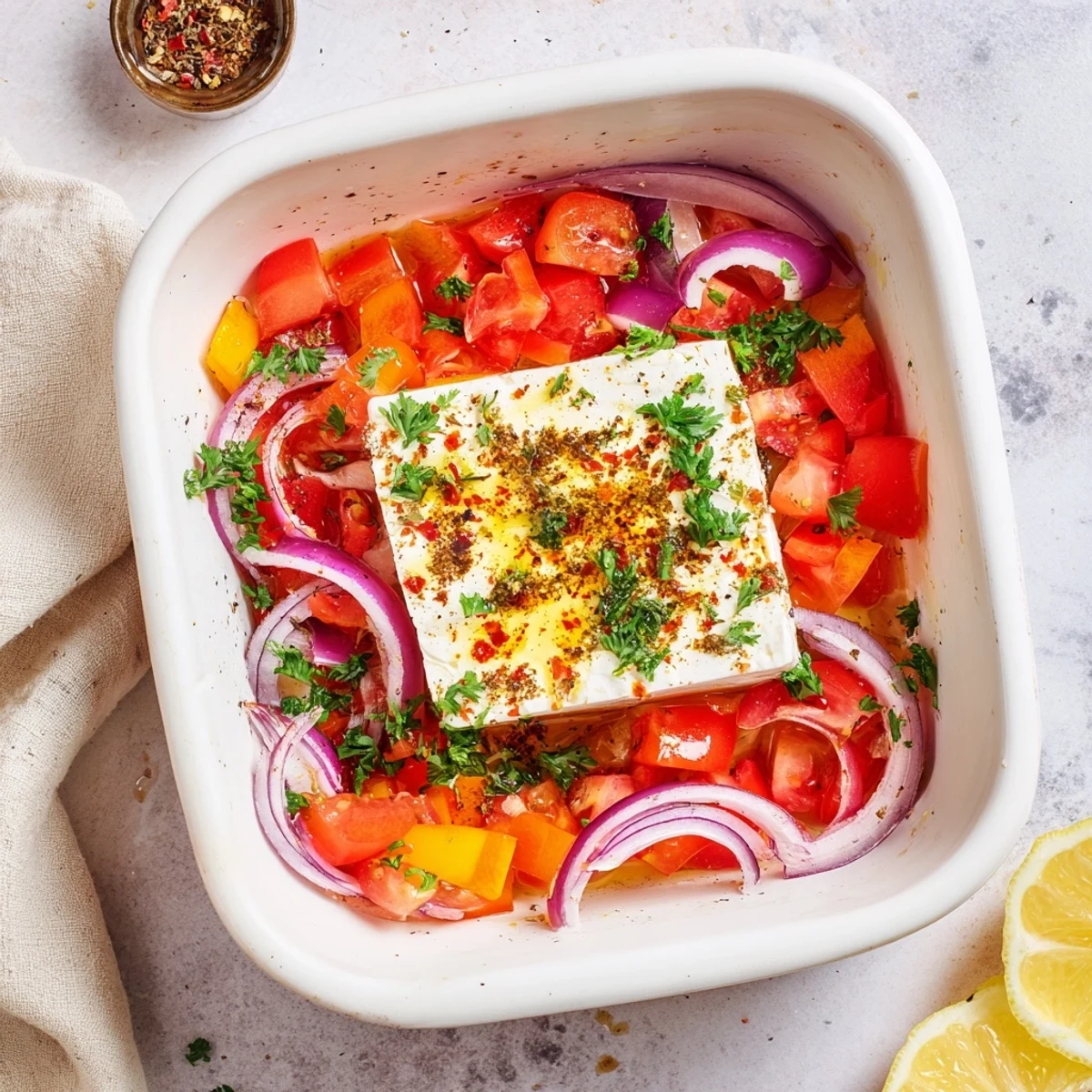 Golden-baked Spicy Baked Feta sits beside fresh parsley garnish and lemon wedges, ready for a gluten-free vegetarian Greek snack.