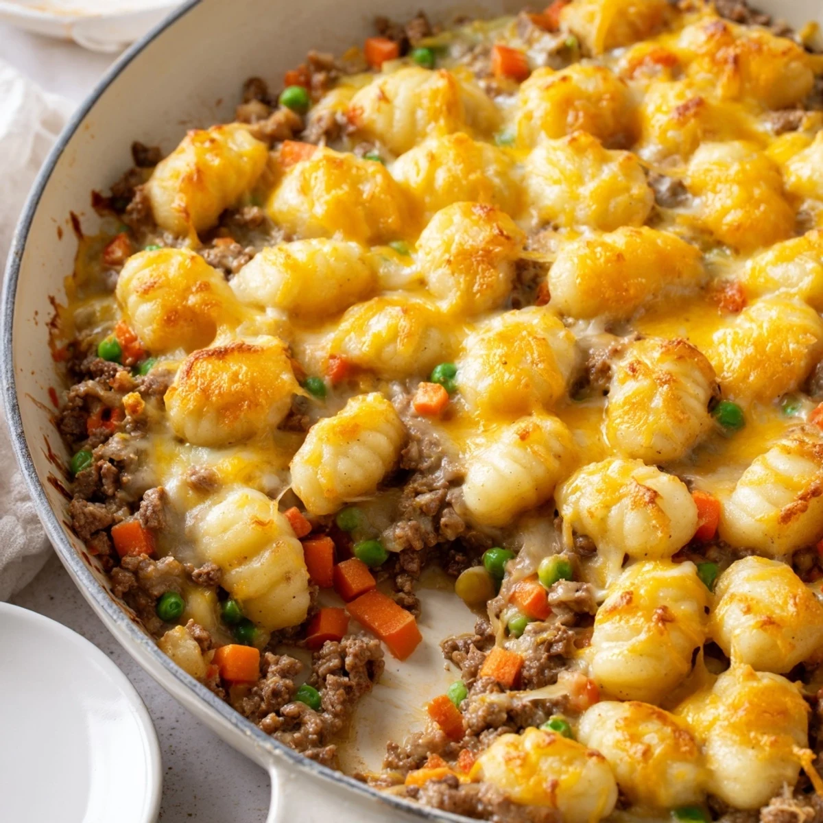Golden-brown, cheesy Quick Gnocchi Shepherds Pie bubbling in a rustic skillet, with tender gnocchi layered over savory beef and peas.
