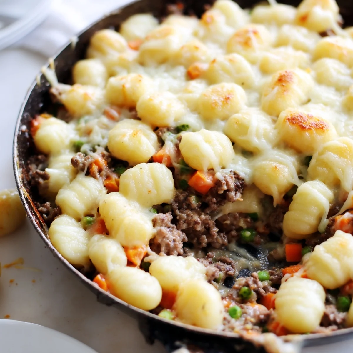 Forkful of Quick Gnocchi Shepherds Pie revealing pillowy gnocchi, rich meat sauce, and melted cheddar cheese in a cozy serving.