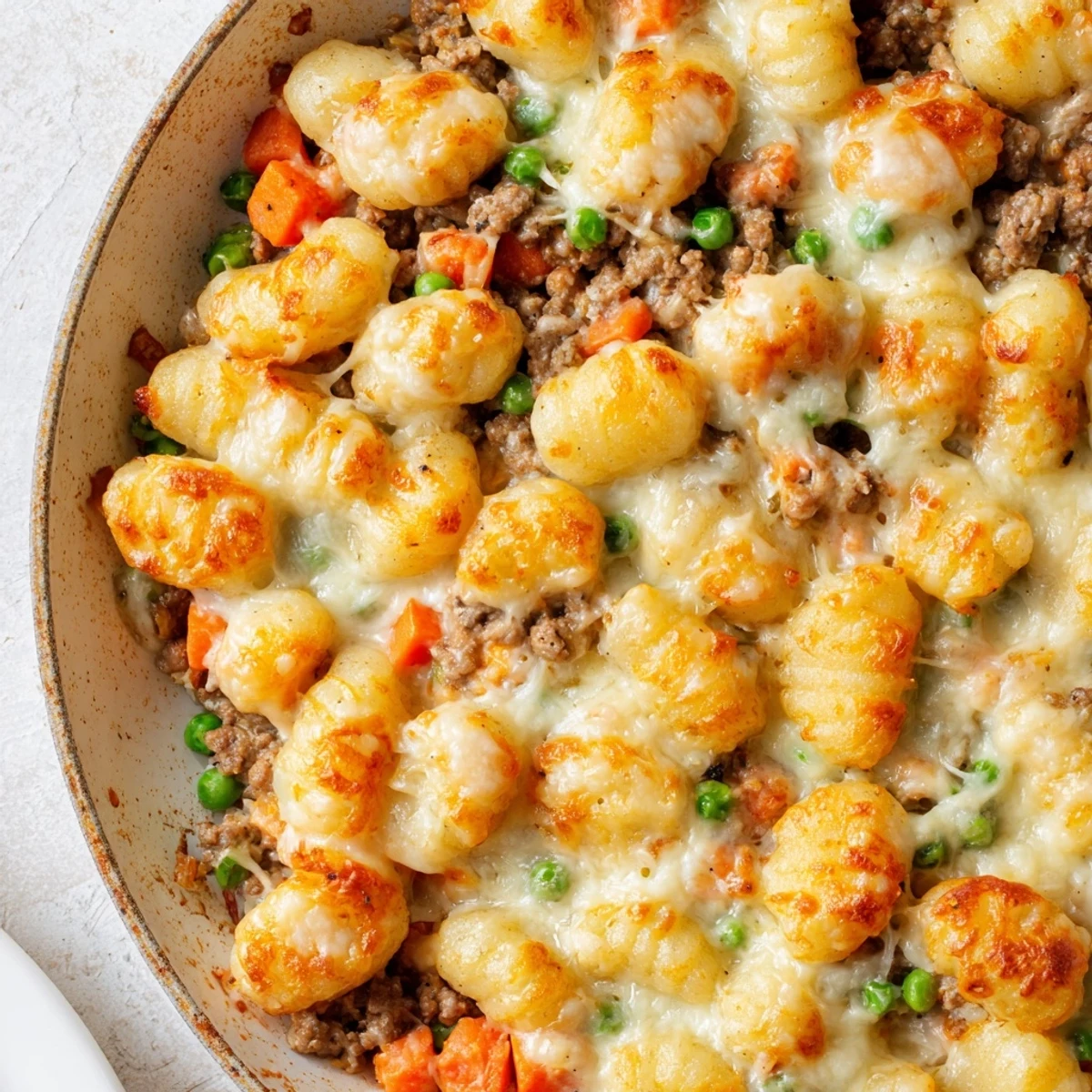 Hearty Quick Gnocchi Shepherds Pie in a cast-iron pan, garnished with fresh thyme and ready to serve for dinner.
