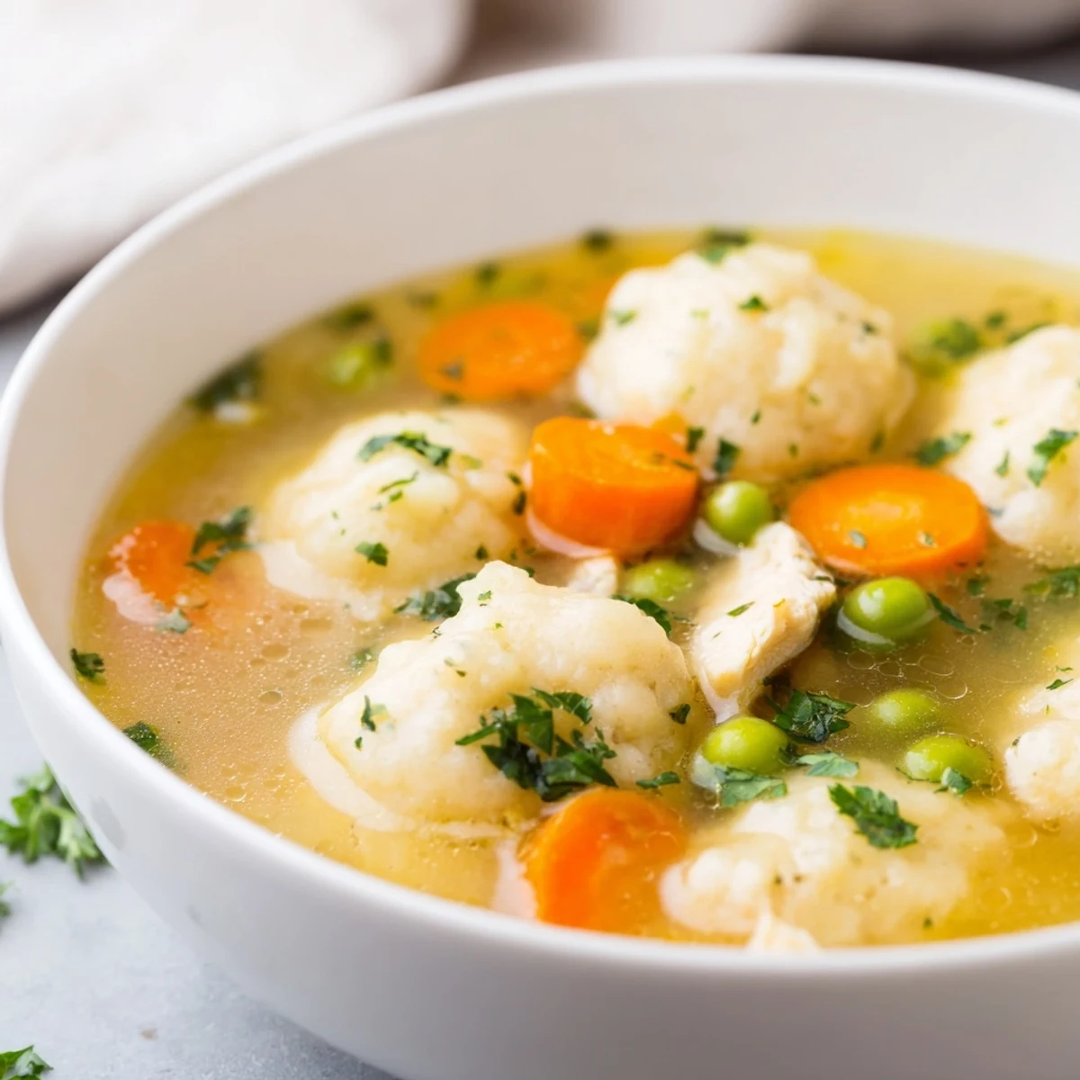 Golden chicken thighs, carrots, and celery simmer in a savory broth topped with fluffy homemade dumplings.