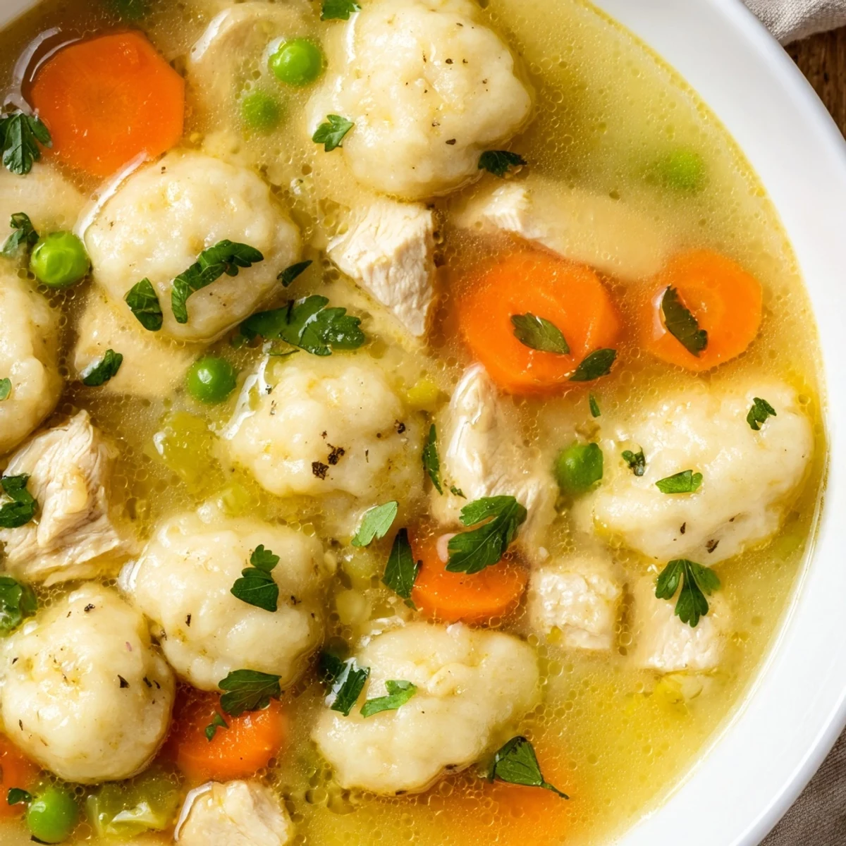 Spoon lifting a soft dumpling from a steaming bowl of One Pot Chicken Dumpling Soup next to crusty bread.