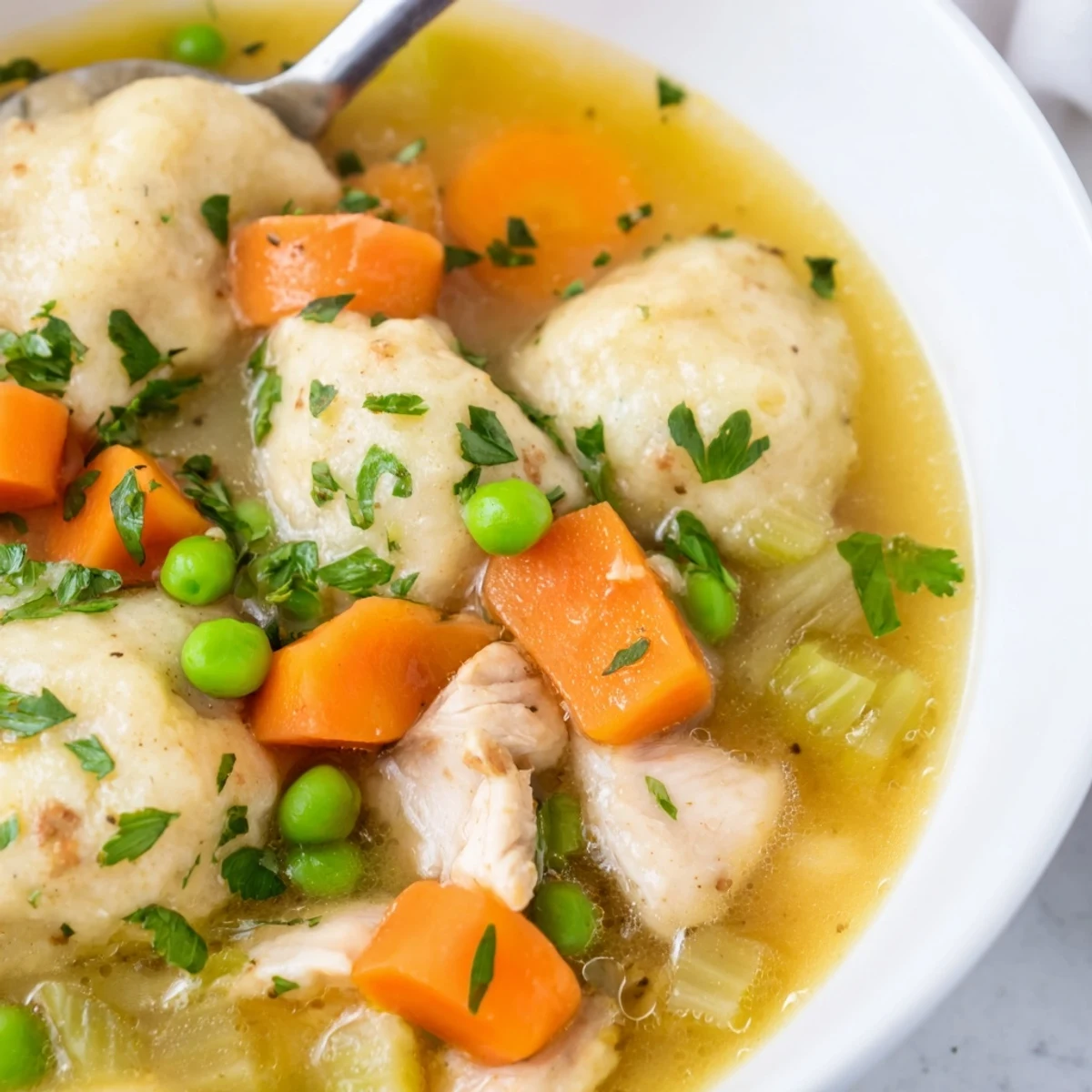 A close-up of One Pot Chicken Dumpling Soup shows tender chicken and green peas in a creamy broth.
