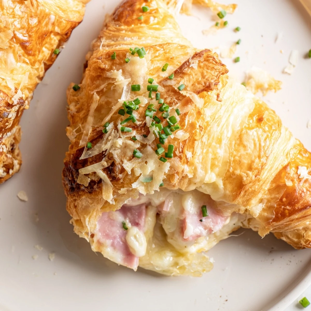 Freshly baked Stuffed Croissants with melted Gruyère and savory ham filling, served warm on a plate.