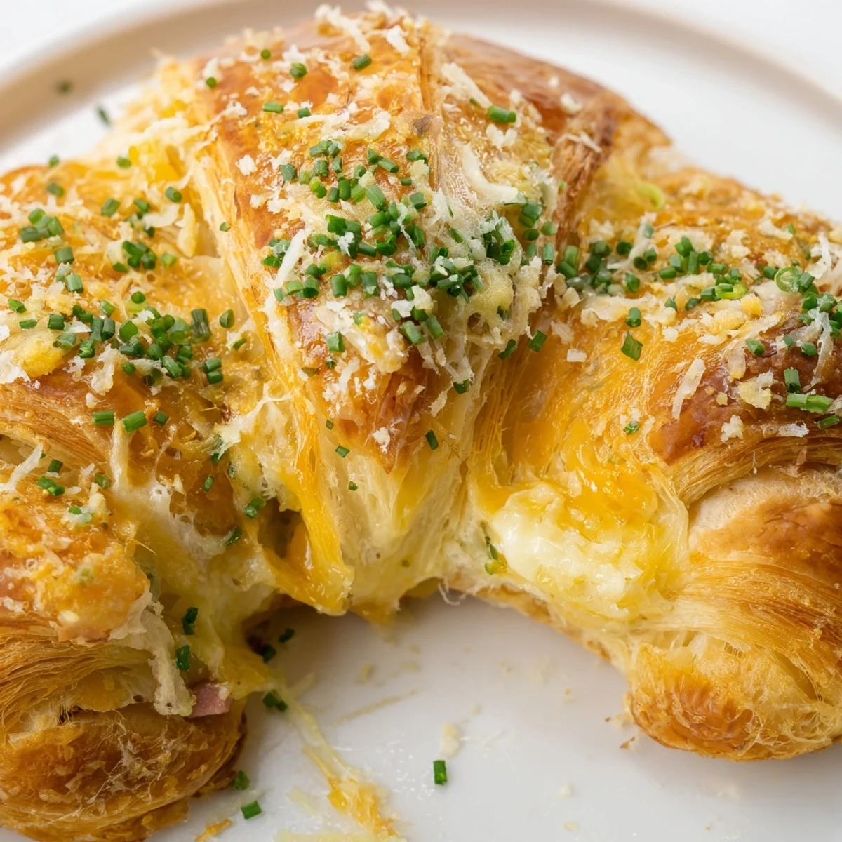 A close-up of Stuffed Croissants revealing a cheesy ham mixture inside, paired with a fresh green salad.