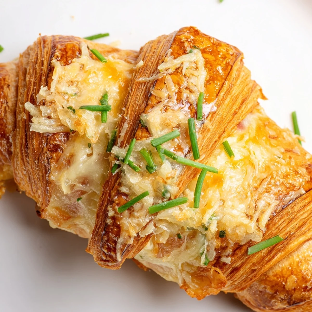 Golden-brown Stuffed Croissants displayed on a rustic wooden board, showcasing a flaky texture and rich filling.