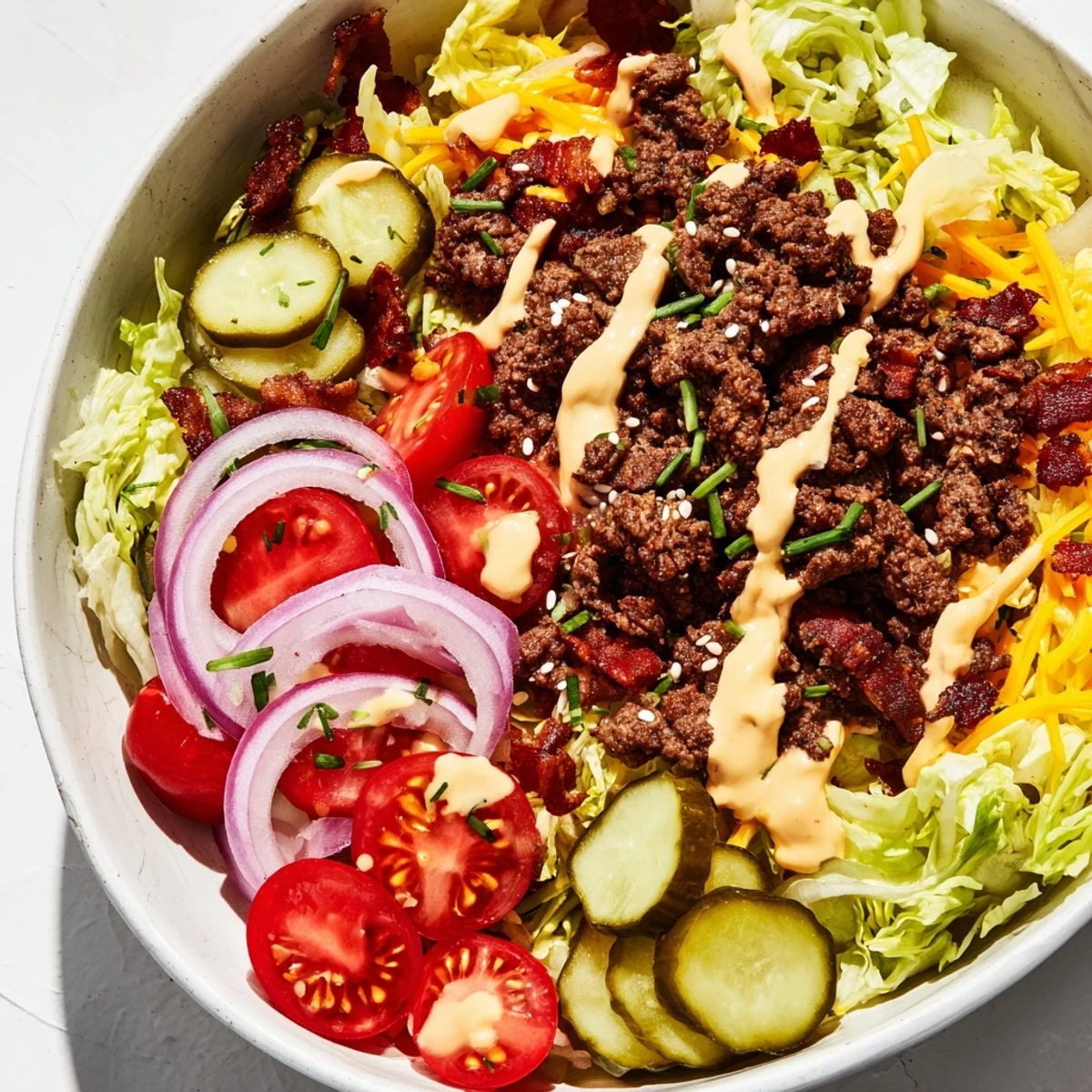 Crushed beef patty pieces with cheddar and pickles in a Smash Burger Bowl, served on shredded iceberg lettuce.