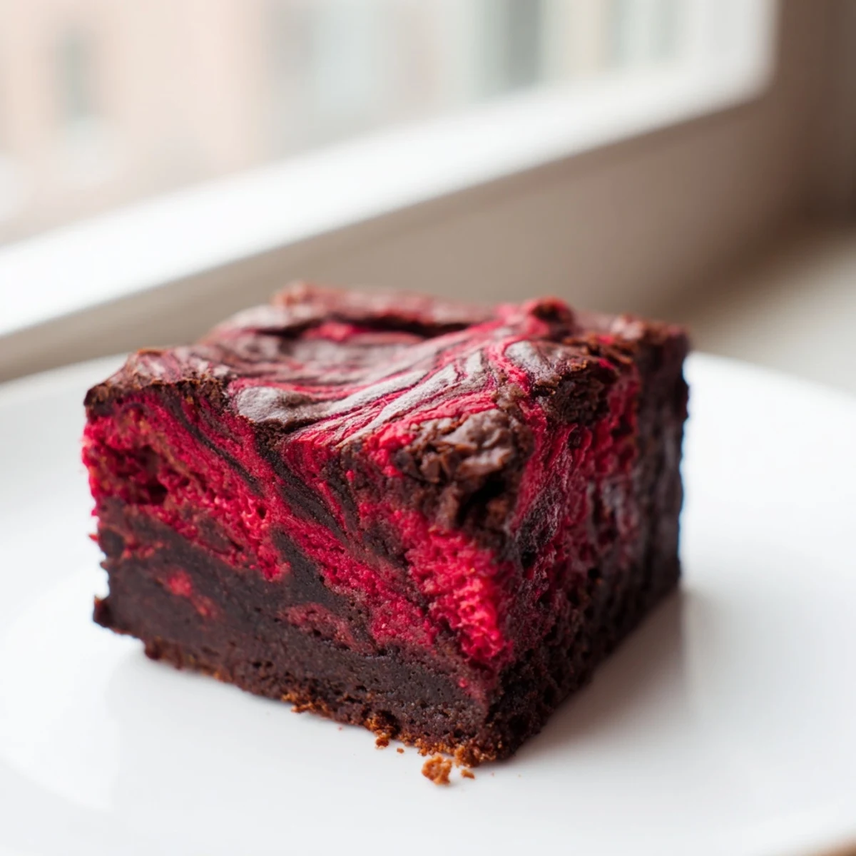 A close-up of Raspberry Swirl Brownies showing fudgy texture with bright red marbled fruit puree on a rustic wood table.