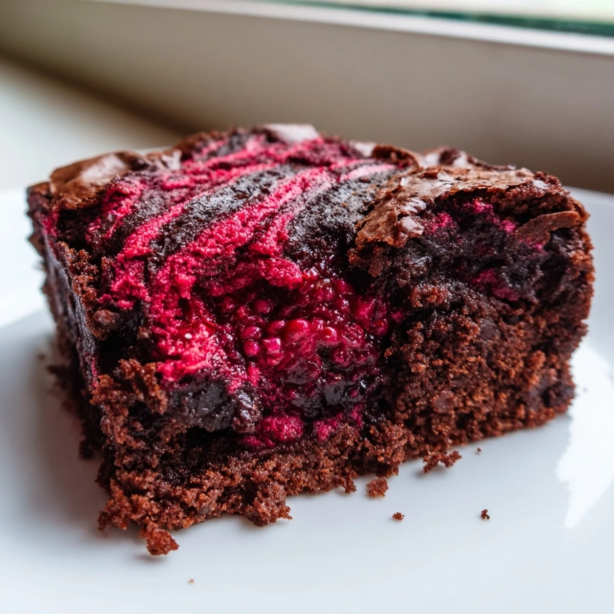 Raspberry Swirl Brownies cut into squares, served on a white plate with fresh raspberries and a glass of cold milk.