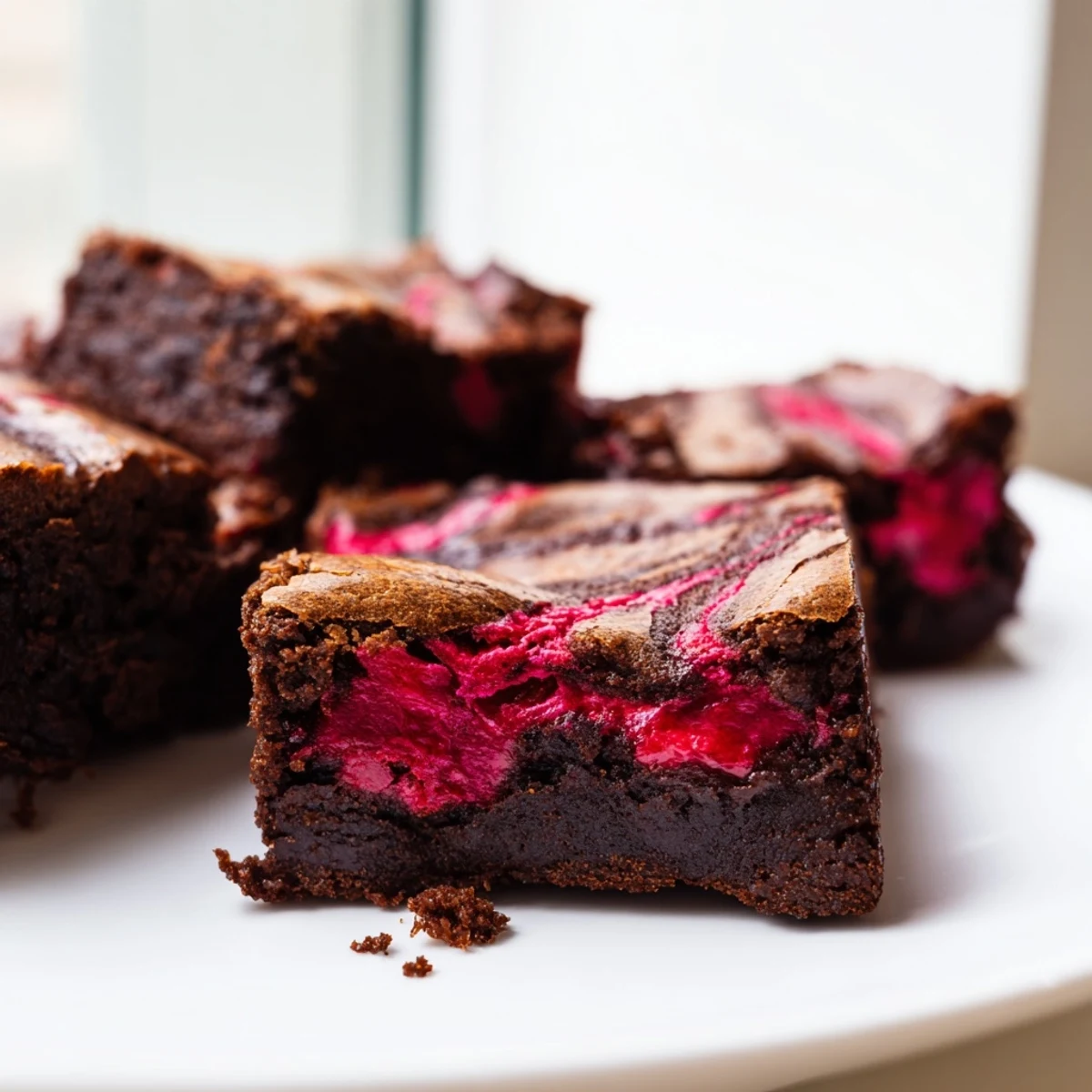 A slice of Raspberry Swirl Brownies being lifted out, revealing melted chocolate and tangy raspberry swirls for a decadent treat.