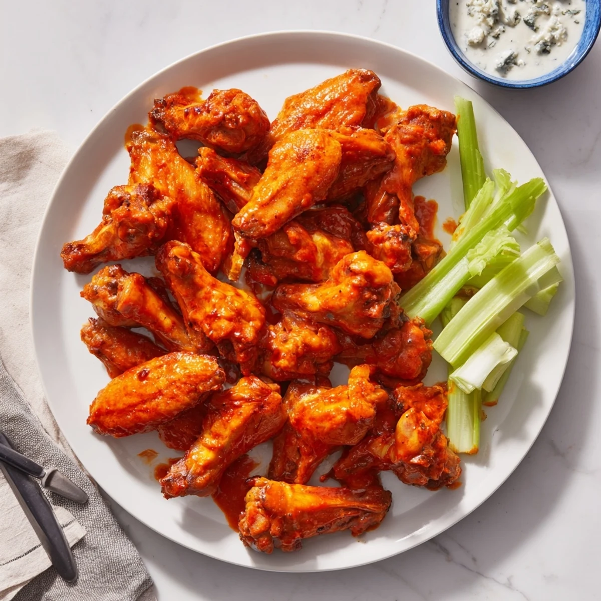 Golden-brown Crispy Smoked Buffalo Wings glistening with tangy sauce, served with celery sticks and creamy dip.