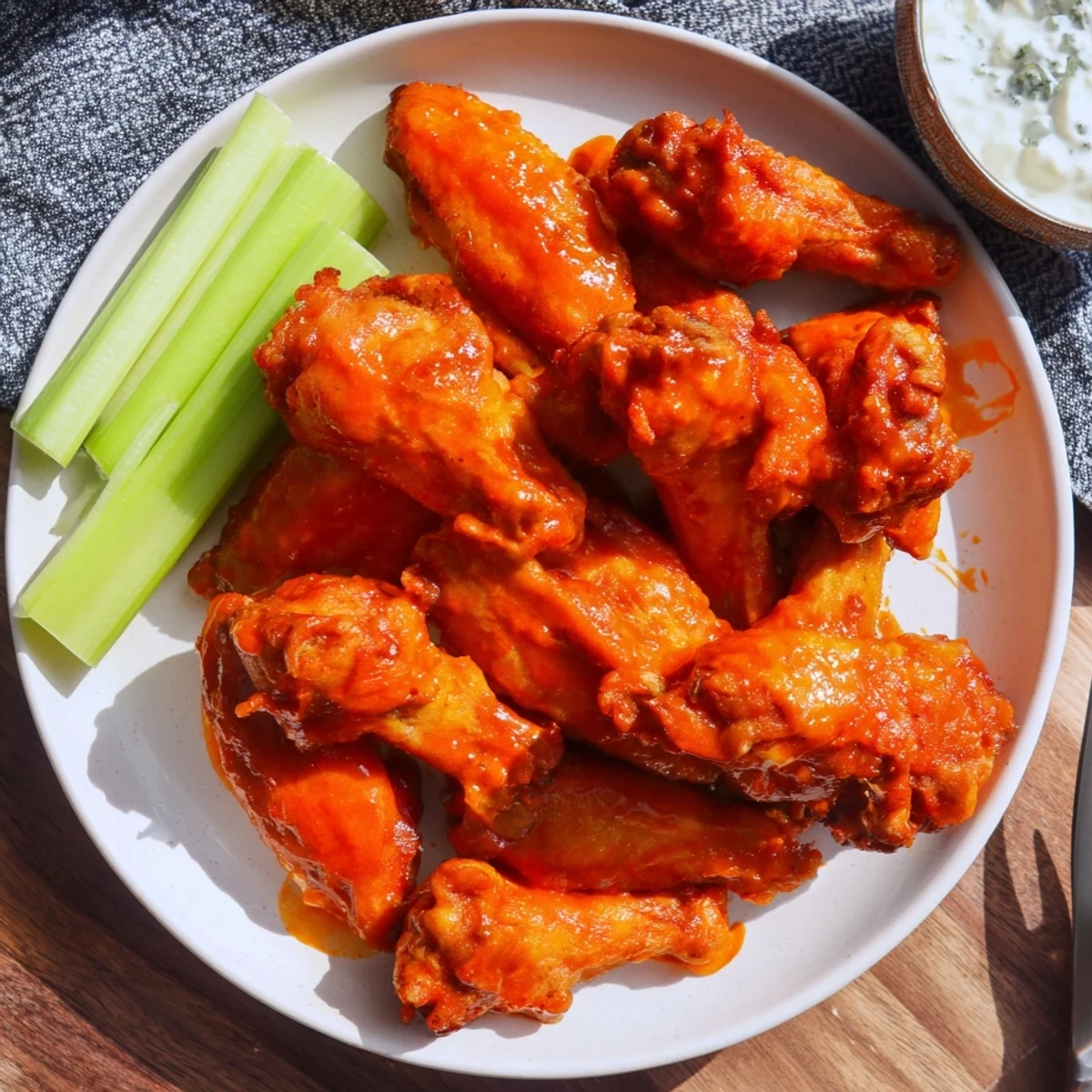 Freshly tossed Crispy Smoked Buffalo Wings in a bowl, showing crispy skin and vibrant red buffalo glaze.