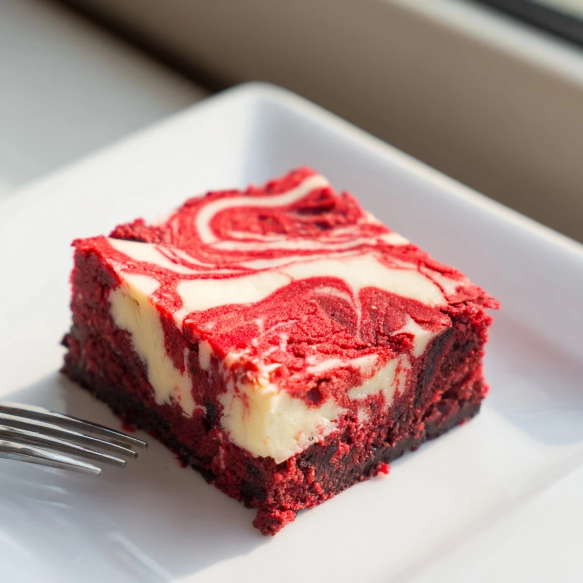 A close-up of Red Velvet Cheesecake Brownies showing the rich red crumb and creamy swirls.