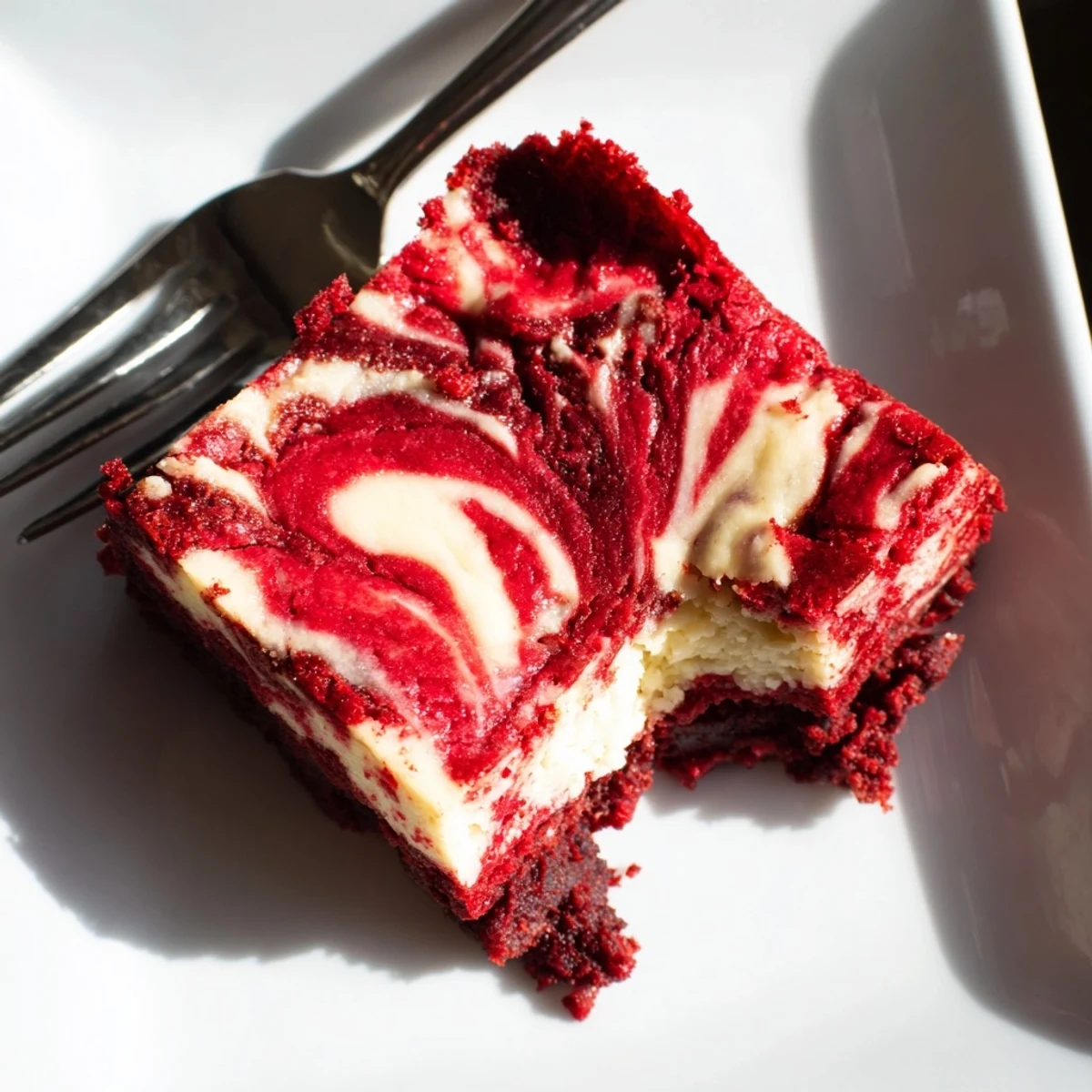 A square of Red Velvet Cheesecake Brownies on a white plate with a glass of milk for serving.