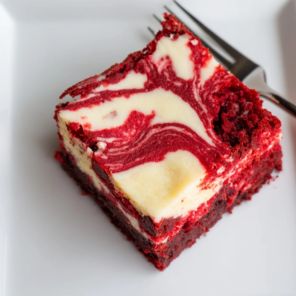 Freshly baked Red Velvet Cheesecake Brownies with a marbled top, garnished with a light dusting of cocoa powder.