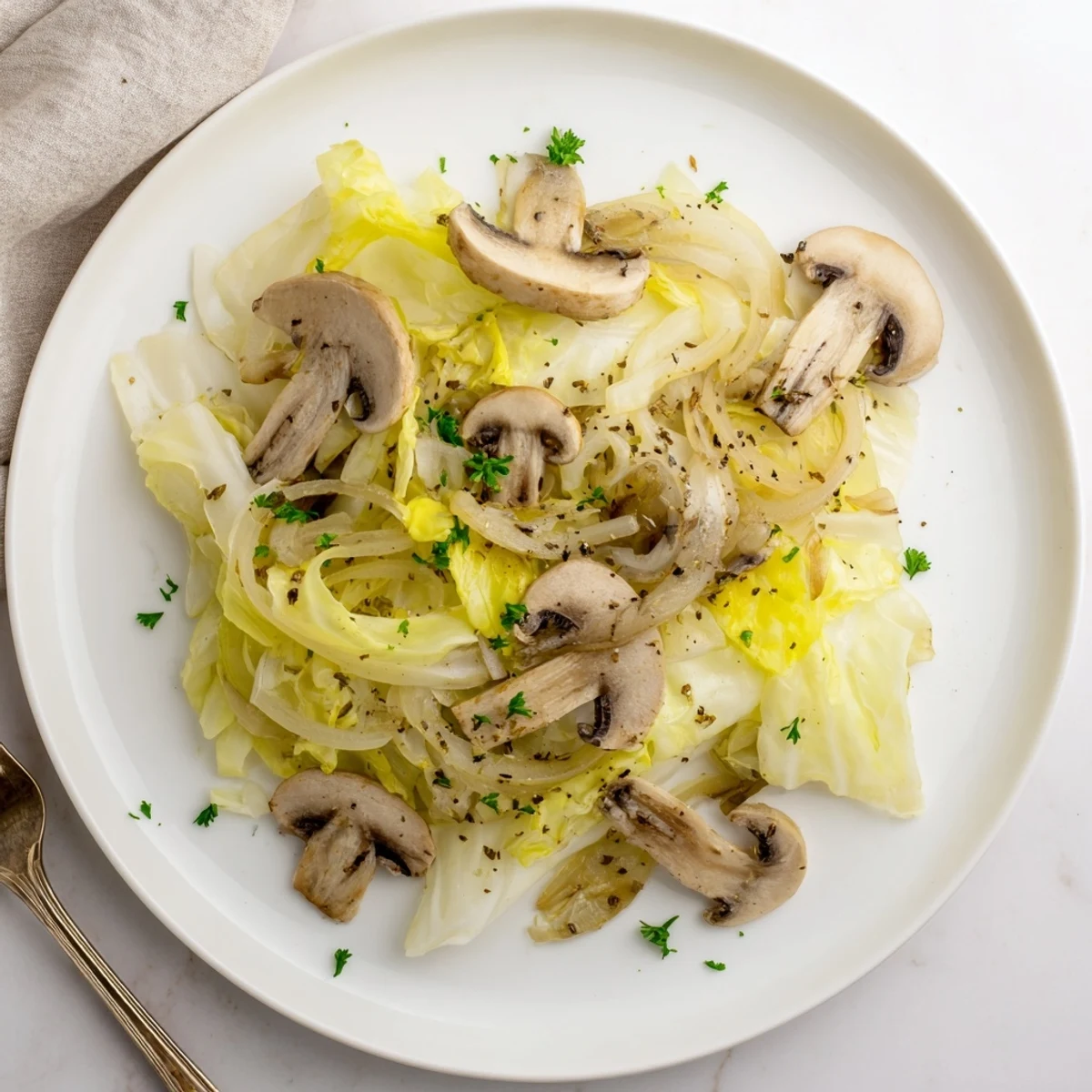 A close-up of vegetarian cabbage mushroom sauté in a pan, with caramelized onions and fresh parsley garnish.  