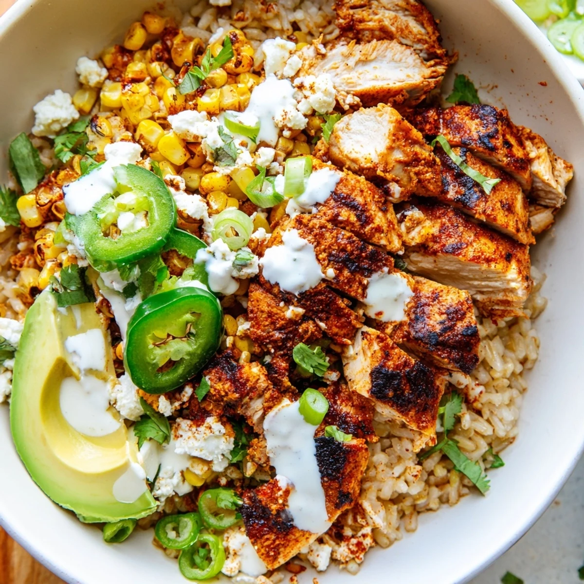Grilled chicken slices and charred corn kernels top a bowl of fluffy rice in this Street Corn Chicken Bowl.